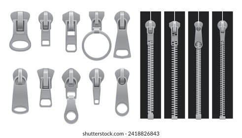 Realistic zipper, metal zip isolated 3d vector set. Fastening pulling device used in clothing, consisting of interlocking metal teeth and a sliding mechanism for opening and closing garments with ease