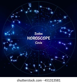 Realistic zodiac horoscope in circle shape with collection of astrological constellations on night sky background vector illustration