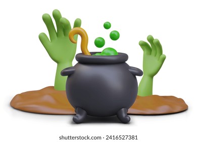 Realistic zombie hand in different positions and black vat with boiling green potion. Composition for Halloween. Vector illustration in 3d style with white background