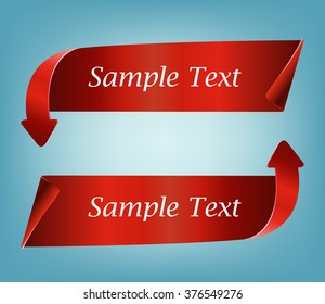 Realistically detailed curved arrows banner ribbon red paper isolated on blue background. vector