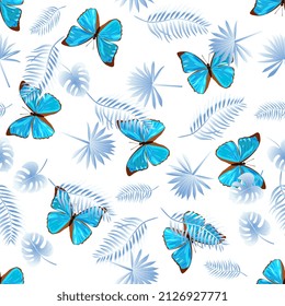 Realistically drawn large tropical blue butterflies and stylized palm leaves form a whimsical ornament on a white background in vector. Seamless print for fabric, wallpaper.