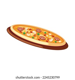 Realistically juicy pizza with cheese and pepperoni. Italian delicious round meal. Vector delicious restaurant menu design decoration item. 