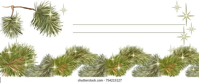 Realistically painted in a vector for a horizontal banner garland branches of a Christmas tree of pine and a Christmas tree with New Year's stars and a place for an inscription