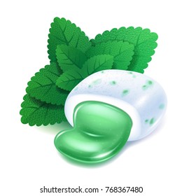 Realistick chewing gum pellet with menthol green filling with mint leaves. Minty bubble gum.