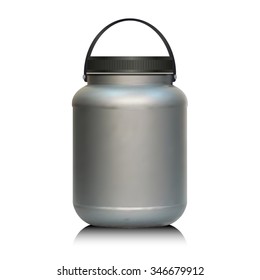 Realistick mockup for sport nutrition container. Plastic bank whey protein and gainer.