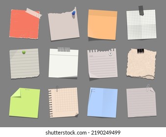 Realistick paper set. Blank tickers, note pages, torn sheets of paper, drawing pins, tape, staples, binder clip and other. Vector illustration