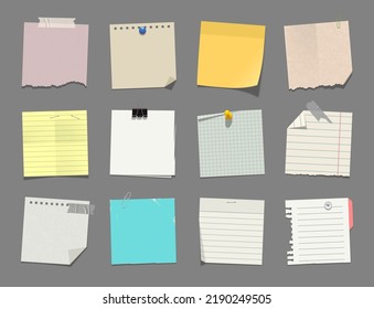 Realistick paper set. Blank tickers, note pages, torn sheets of paper, drawing pins, tape, staples, binder clip and other. Vector illustration