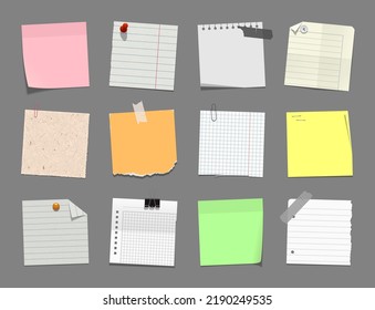 Realistick paper set. Blank tickers, note pages, torn sheets of paper, drawing pins, tape, staples, binder clip and other. Vector illustration