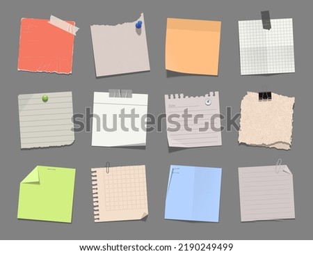 Realistick paper set. Blank tickers, note pages, torn sheets of paper, drawing pins, tape, staples, binder clip and other. Vector illustration