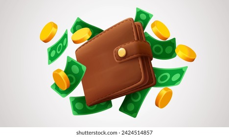 Cartera realista con dinero volador. Ilustración de vector