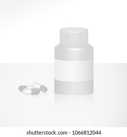 Realistick white bottle and pills. Vector mockup