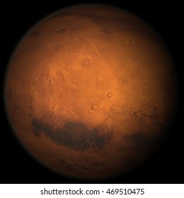 Realistic-looking Mars. Colored textured illustration. To use in visual aids, printing, presentations. Vector.