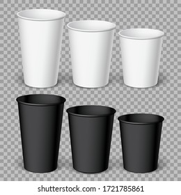 Realistics Black and white Disposable papers Cups. For various hot drinks, coffee, cappuccino, cacao or tea. Mockup for brand template. vector illustration.