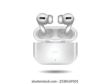 Realistics wireless headphones with charging case vector flat design isolated on white background