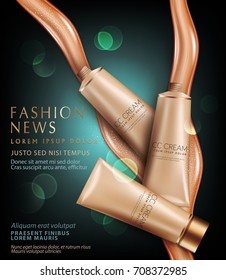 Realistic,vector 3d illustration with plastic tubes with professional CC cream and smears foundation cream.Element for modern design, advertising for sales, template cosmetic face cream,body. Brochure