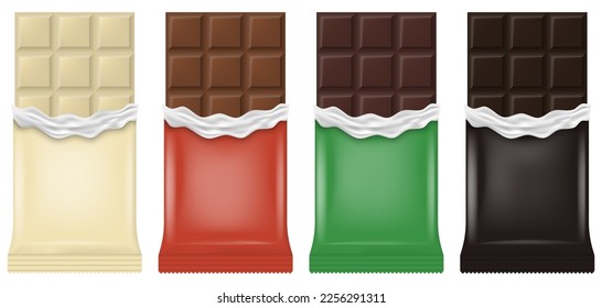 Realistik chocolate bar. Milk, dark, white chocolate bar set. Vector illustration. Eps 10.