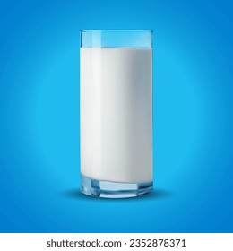 Leche de vidrio realista sobre fondo azul.Leche de vidrio