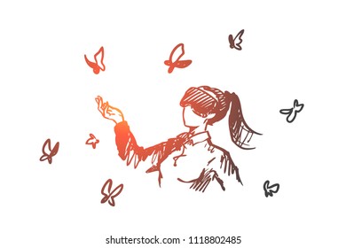 Reality, game, glasses, digital concept. Hand drawn woman in virtual reality glasses concept sketch. Isolated vector illustration.