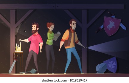 Reality Quest Cartoon Vector Illustration With Adult People Locked In Dark Room And Looking For Escape