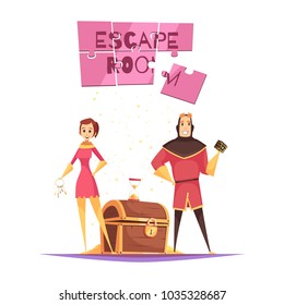 Reality quest design concept with young couple in theatrical costumes and treasure chest cartoon vector illustration