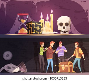 Reality Quest Horizontal Banners With Escape Room And Find Treasure Game Cartoon Compositions Vector Illustration