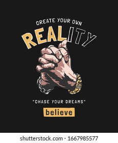reality slogan with hand praying graphic illustration