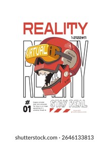 slogan de realidade com crânio robô na ilustração vr headset gráfico vetor