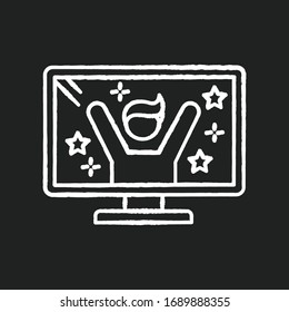 Reality TV star chalk white icon on black background. Television program with host. Fun entertainment. Watch TV series on display. Male presenter. Isolated vector chalkboard illustration