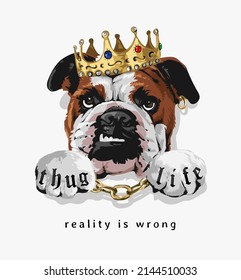 Realität ist ein falscher Slogan mit wütendem Hund, der Kronen und goldene Kette, Vektorgrafik