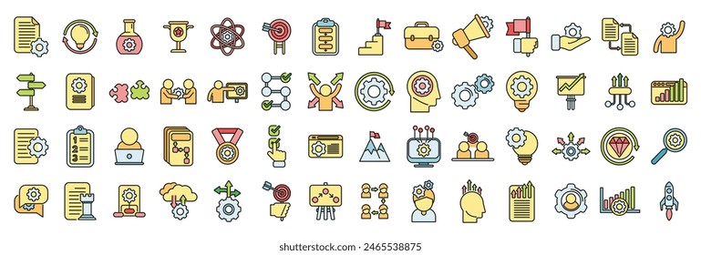 Realization icons set outline vector. Self dream. Success victory thin line color flat on white