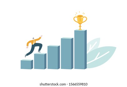 Realization of potential. Character climbs on columns to prize. Businessman increases his work quality. Worker runs up the career ladder. Conceptual vector illustration EPS 10 isolated on white.