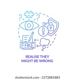 Realize news might be fake blue gradient concept icon. Content hygiene. Manage information overload abstract idea thin line illustration. Isolated outline drawing. Myriad Pro-Bold font used