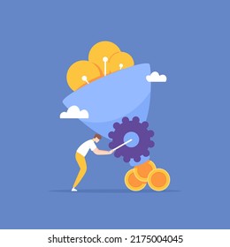 realize a thought. realizing the idea to produce an innovation and profit or income. managing ideas for success. process to get rich. a businessman turns a solution lamp into a coin. concept design