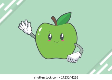 REALLY, ATTENTIVE, CONFUSED Face Emotion. Waving Hand Gesture. Green Apple Mascot Illustration.