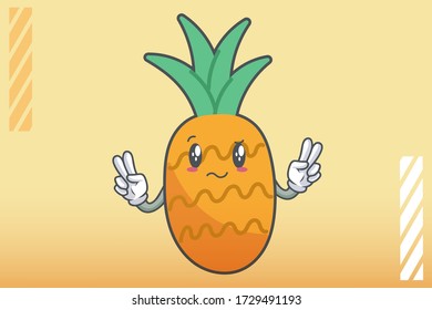 REALLY, ATTENTIVE, CONFUSED Face Emotion. Double Peace Hand Gesture. Pineapple Fruit Cartoon Drawn Mascot Illustration.