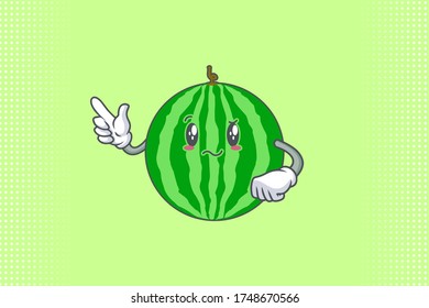 EN REALIDAD, ATENTIVO, CONFUSO, Emoción facial. Gesto de la mano del dedo índice. Dibujo de dibujos de mascotas con dibujos animados con frutas de sandía.