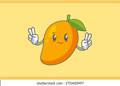 REALLY, ATTENTIVE, CONFUSED Face Emotion. Double Peace Hand Gesture. Yellow Mango Fruit Cartoon Drawing Mascot Illustration.