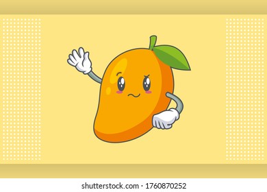 EN REALIDAD, ATENTIVO, CONFUSO, Emoción facial. Gesto de mano ondulante. Caricatura De La Fruta De Mango Amarilla Dibujando Ilustración De Mascota.
