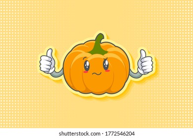 REALLY, ATTENTIVE, CONFUSED Face Emotion. Double Thumb Up Hand Gesture. Yellow, Orange Pumpkin Fruit Cartoon Drawing Mascot Illustration.