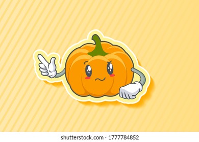 EN REALIDAD, ATENTIVO, CONFUSO, Emoción facial. Gesto de mano de pistola de dedo. Ilustración de la mascota de dibujos animados de la piel de calabaza amarilla y naranja.