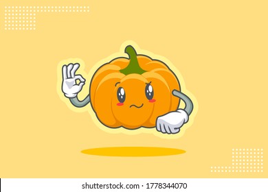 REALLY, ATTENTIVE, CONFUSED Face Emotion. Nice Hand Gesture. Yellow, Orange Pumpkin Fruit Cartoon Drawing Mascot Illustration.