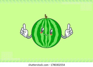 REALLY, ATTENTIVE, CONFUSED Face Emotion. Double Forefinger Hand Gesture. Watermelon Fruit Cartoon Drawing Mascot Illustration.