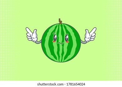 REALLY, ATTENTIVE, CONFUSED Face Emotion. Double Forefinger Handgun Gesture. Watermelon Fruit Cartoon Drawing Mascot Illustration.