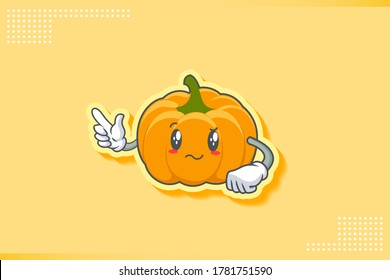 WIRKLICH, ATTENTIV, KONFUSIERTE Gesichtspflege Emotion. Finger Gun Hand Gesture. Gelbe, orangefarbene Kürbis Fruchtkartoon-Zeichnung Maskottabilustration.