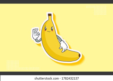 EN REALIDAD, ATENTIVO, CONFUSO, Emoción facial. Buen Gesto De Mano. Caricatura de fruta bananera dibujando una ilustración de mascota.