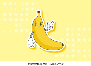 REALLY, ATTENTIVE, CONFUSED Face Emotion. Forefinger Handgun Gesture. Banana Fruit Cartoon Drawing Mascot Illustration.