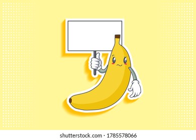REALLY, ATTENTIVE, CONFUSED Face Emotion. Holding Whiteboard Handgun Gesture. Banana Fruit Cartoon Drawing Mascot Illustration.