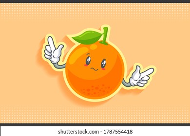 REALLY, ATTENTIVE, CONFUSED Face Emotion. Double Forefinger Handgun Gesture. Orange, Citrus Fruit Cartoon Drawing Mascot Illustration.