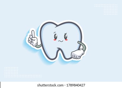 EN REALIDAD, ATENTIVO, CONFUSO, Emoción facial. Gesto de la mano del dedo índice. Ilustración de la mascota de dibujos animados dental.
