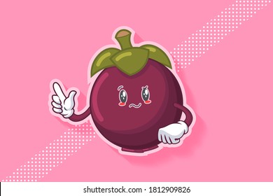 WIRKLICH, ATTENTIV, KONFUSIERTE Gesichtspflege Emotion. Forefinger Handgun Gesture. Mangosteen Fruchtkartoon Zeichnen Maskottabbild Illustration.